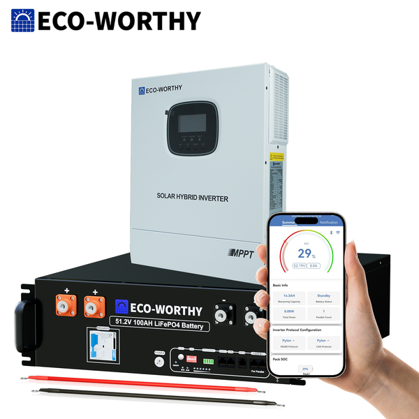 ECO-WORTHY 48V 100Ah LiFePO4 Batterij Versie 3 met 48V 3000W All-in-One Omvormer – Backup Kit voor Thuis