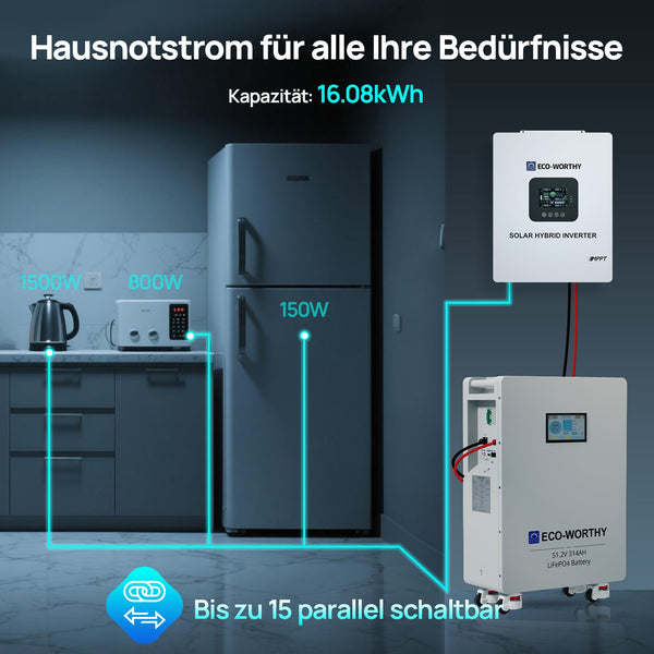 ECO-WORTHY 48V (51,2V) 314Ah LiFePO4-Batterij | Zonnebatterij-noodstroomvoorziening voor thuis