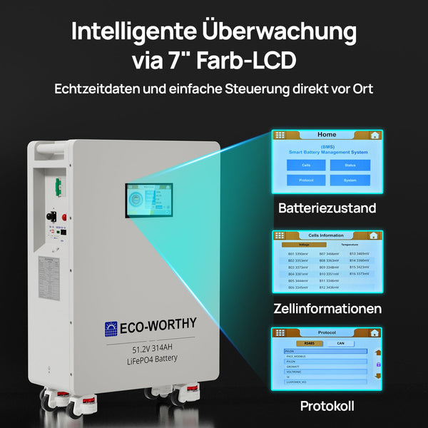 ECO-WORTHY 48V (51,2V) 314Ah LiFePO4-Batterij | Zonnebatterij-noodstroomvoorziening voor thuis