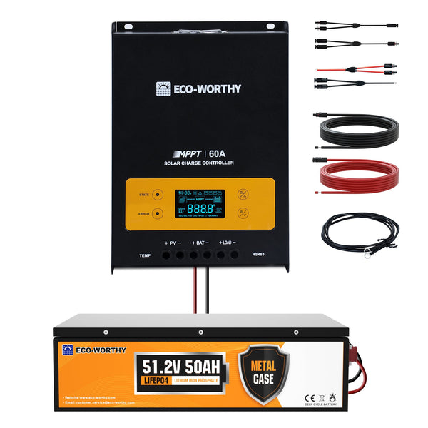 ECO-WORTHY Balkonkraftwerk Opslag 48V 50AH Batterij met 60A MPPT 2,56KWh