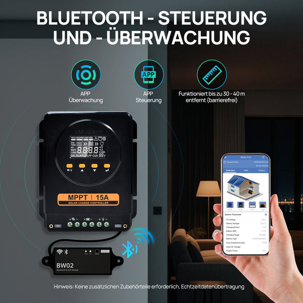 ECO-WORTHY MPPT Zonnecontroller 15A 12V/24V met LCD & Bluetooth RS485