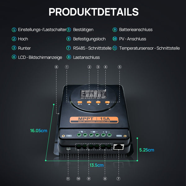 ECO-WORTHY MPPT Zonnecontroller 15A 12V/24V met LCD & Bluetooth RS485