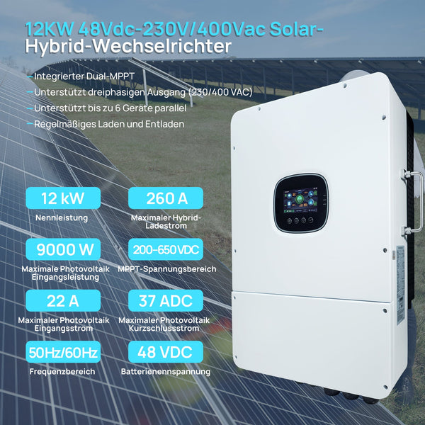 Energiespeicher-Stromversorgungskit 15,36 kWh, ausgestattet mit 48V 100AH Lithiumbatterie und netzanschließbarem All-in-One-Wechselrichter 12KW 48Vdc-230/400Vac
