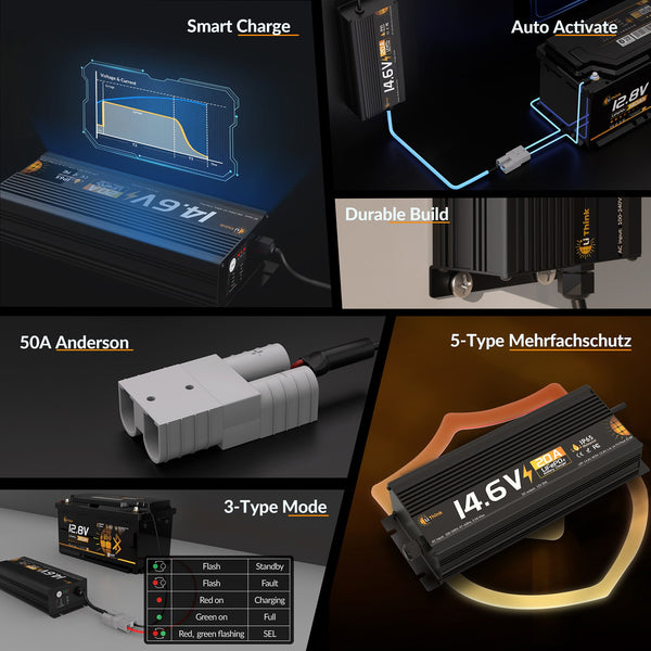 Lithink 14.6V 20A Waterdichte Snellader – voor LiFePO₄, NCM en Loodaccu's