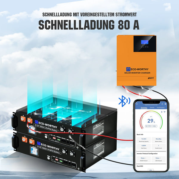 ECO-WORTHY No Break Set 5,12 kWh/10,24 kWh met 48V 100AH Lithiumbatterij en 48V 5000W All-in-One Omvormer