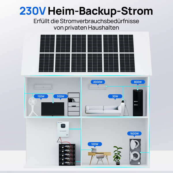 Notstromversorgungssystem für Privathaushalte mit 48V 100Ah LiFePO4-Batterie und 48V 3000W Hybrid-Wechselrichter